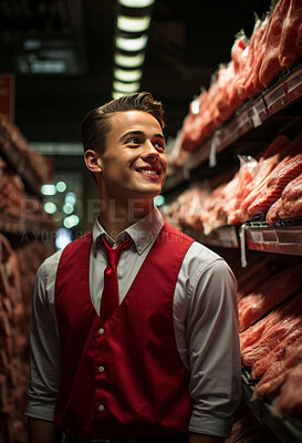 Happy, man and portrait with smile for management, leadership or business. Positive, confident and proud for food, restaurant and meat production in big refrigerator with fresh protein products
