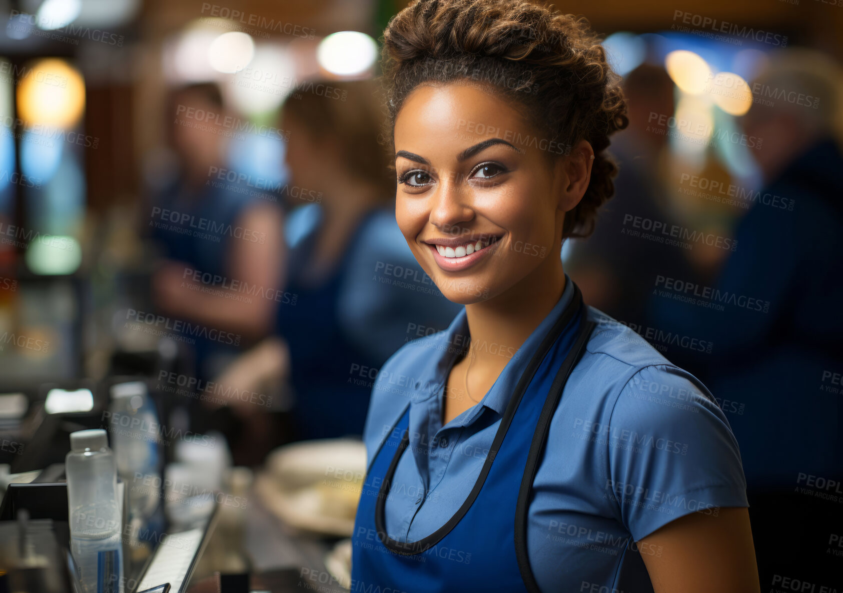 Buy stock photo Happy woman, cashier and portrait with smile for management, small business or restaurant. Positive, confident and proud for retail, grocery store and service industry with cash register and counter.