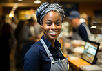 Happy woman, cashier and portrait with smile for management, small business or restaurant. Positive, confident and proud for retail, grocery store and service industry with cash register and counter.