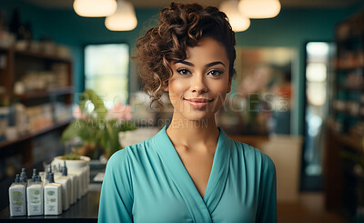 Happy, african american woman and portrait with smile for management, leadership or business. Positive, confident and proud for pharmacy, clinic and cosmetic service with counter and cash register