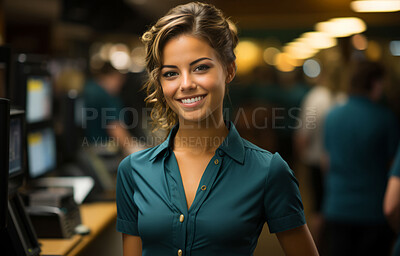 Woman, worker and portrait with smile for management, small business or casino. Positive, confident and proud for retail, restaurant and customer service industry with cash register and counter.