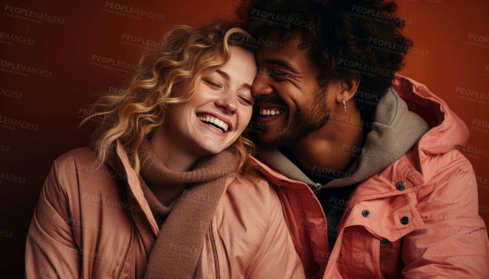 Buy stock photo Interracial couple, romance and together for portrait, love or anniversary. Background, hug and bonding for valentines day, relationship and engagement with beautiful creative arrangement and smiles
