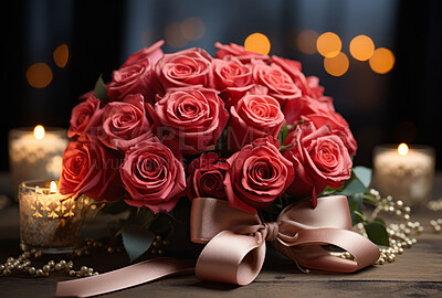 Buy stock photo Roses, background and candles for celebration, love or decoration. Creative, abstract and concept for valentines day, relationship and engagement with and beautiful flower arrangement a colour.