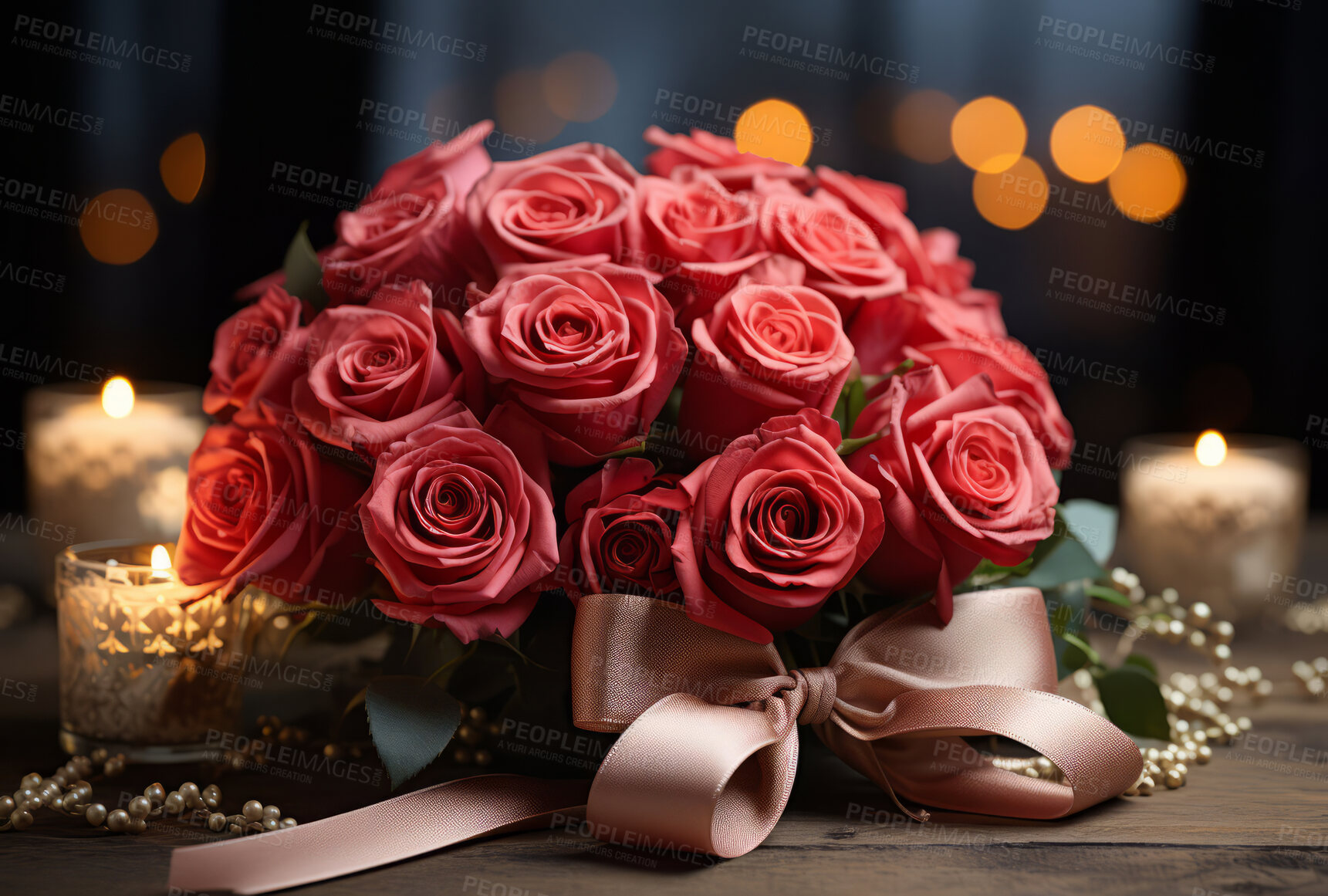 Buy stock photo Roses, background and candles for celebration, love or decoration. Creative, abstract and concept for valentines day, relationship and engagement with and beautiful flower arrangement a colour.