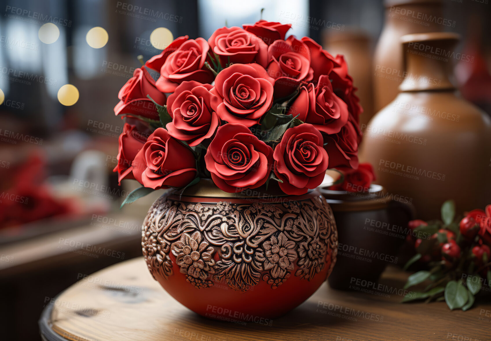 Buy stock photo Roses, vase and background for celebration, love or decoration. Creative, abstract and concept for valentines day, relationship and engagement with beautiful flower arrangement and colour.