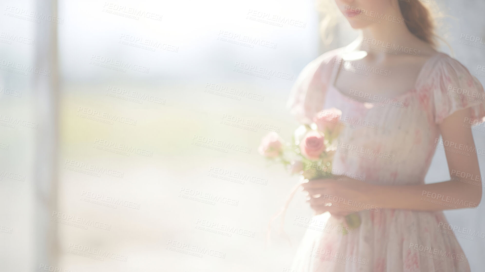 Buy stock photo Flowers, girl and background for celebration, love or decoration. Fantasy, abstract and concept for valentines day, relationship and engagement with beautiful floral dress and soft colour.