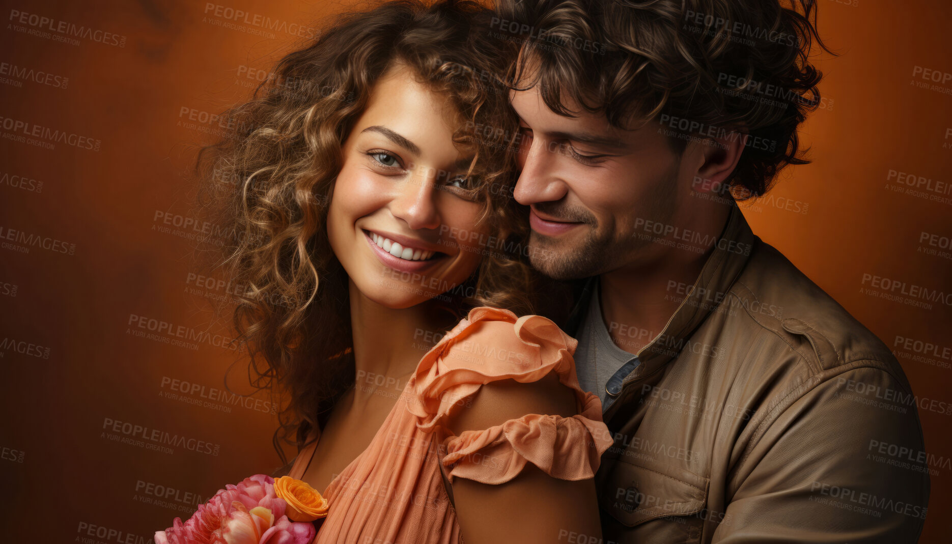 Buy stock photo Couple, romance and together for portrait, love or anniversary. Background, use hug and people for valentines day, relationship and engagement with beautiful creative arrangement and smiles.