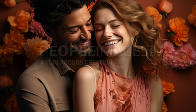 Interracial couple, romance and together for portrait, love or anniversary. Background, hug and bonding for valentines day, relationship and engagement with beautiful creative arrangement and smiles