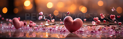 Buy stock photo Heart, confetti and background for celebration, love or decoration. Background, abstract and banner for valentines day, relationship and engagement with beautiful romantic colours and bokeh