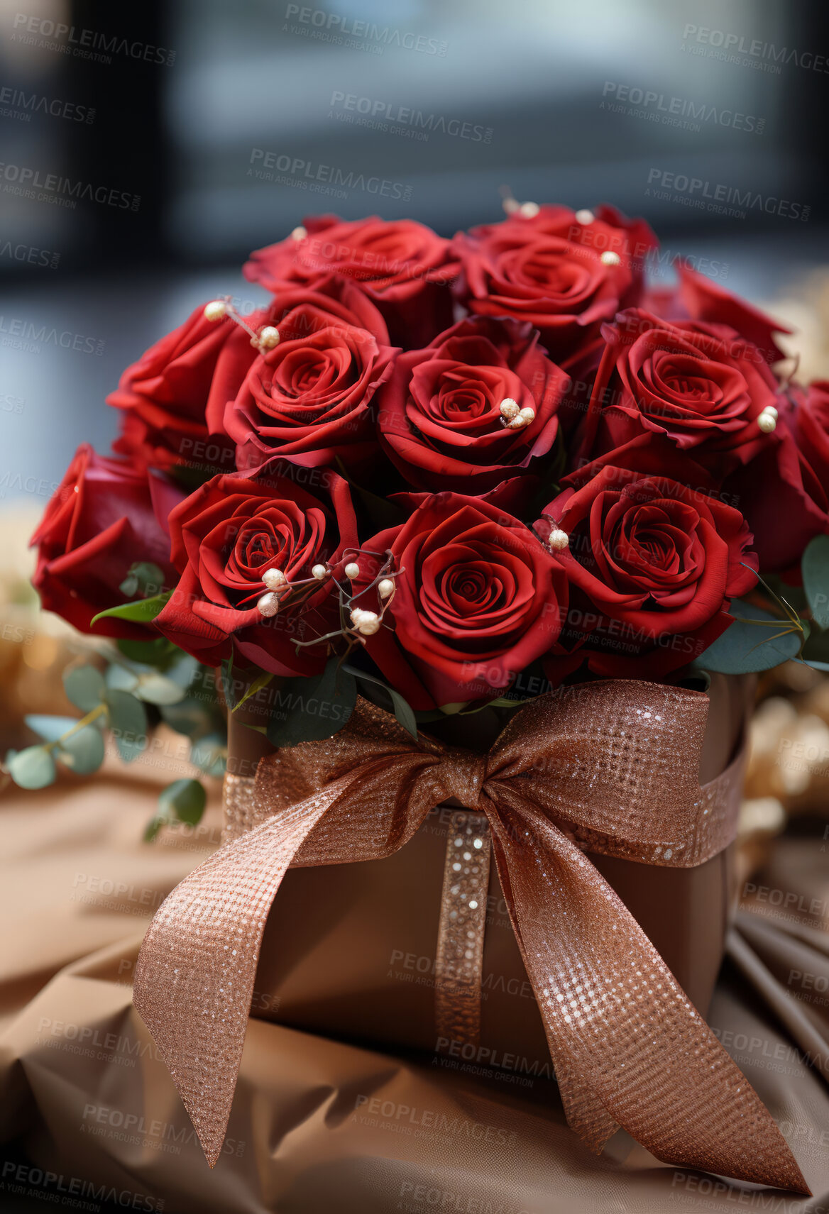 Buy stock photo Roses, gift box and bouquet for celebration, love or decoration. Background, plant and growth for valentines day, relationship and engagement with beautiful flower arrangement and vibrant colour.