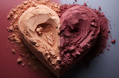 Heart, art and powder for love, celebration or decoration. Background, abstract and illustration for valentines day, relationship and engagement with beautiful pigmentation, arrangement and colour.