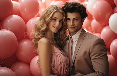 Buy stock photo Couple, balloon and together for celebration, love or anniversary. Background, abstract and concept for valentines day, relationship and engagement with beautiful creative arrangement and colour.