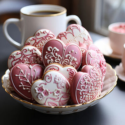 Hearts, cookies and coffee for celebration, love or decoration. Background, food and sweet snack for valentines day, relationship and engagement with beautiful biscuits arrangement and colour.