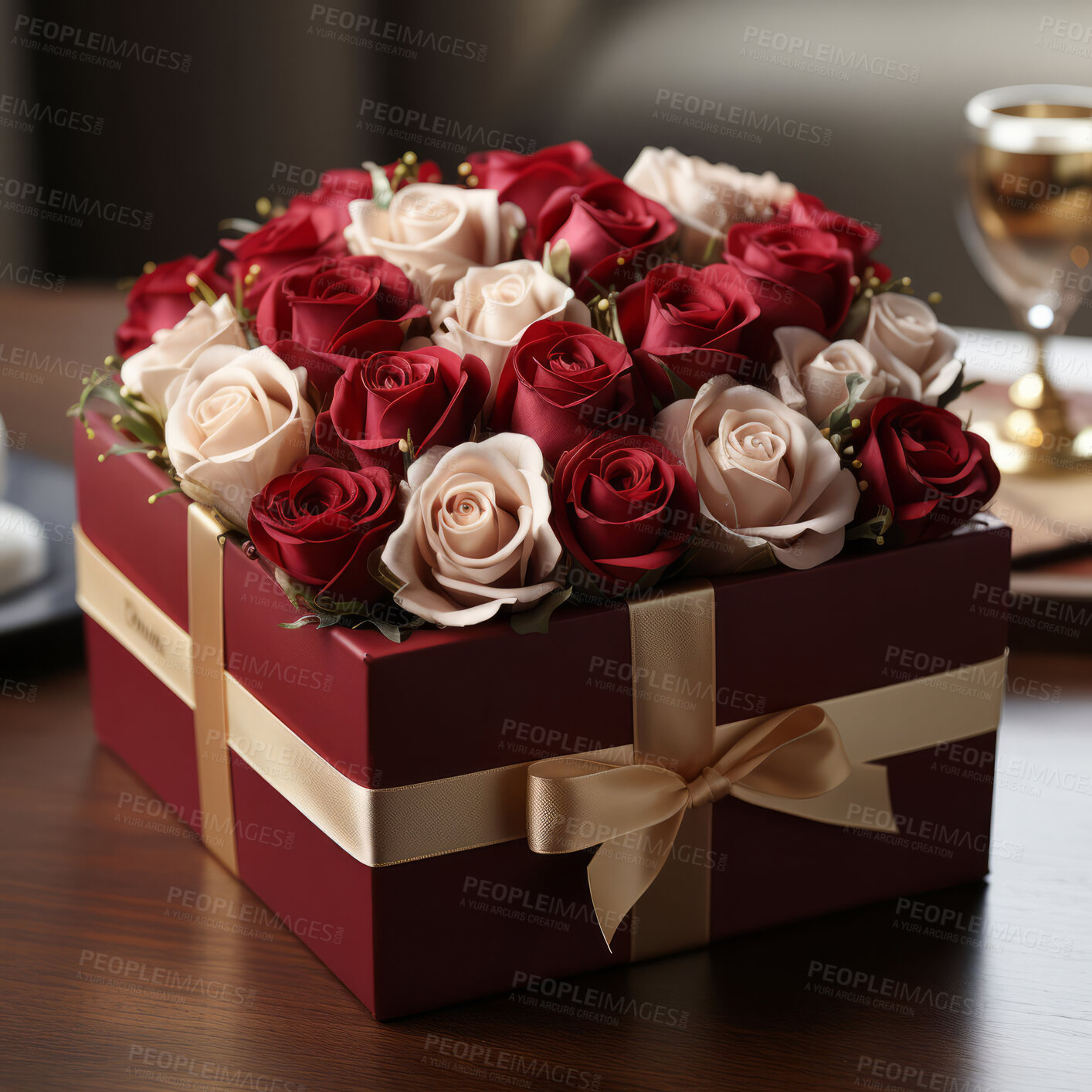 Buy stock photo Roses, gift box and bouquet for celebration, love or decoration. Background, plant and growth for valentines day, relationship and engagement with beautiful flower arrangement and vibrant colour.