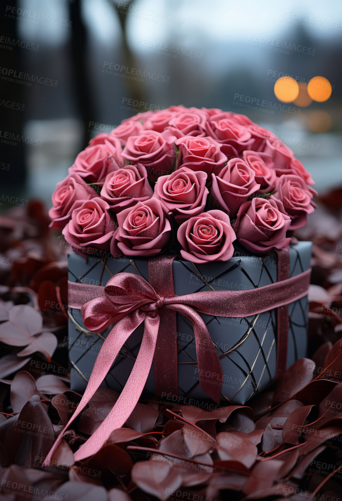 Buy stock photo Roses, gift box and bouquet for celebration, love or decoration. Background, abstract and plant growth for valentines day, relationship and engagement with beautiful flower arrangement and colour.