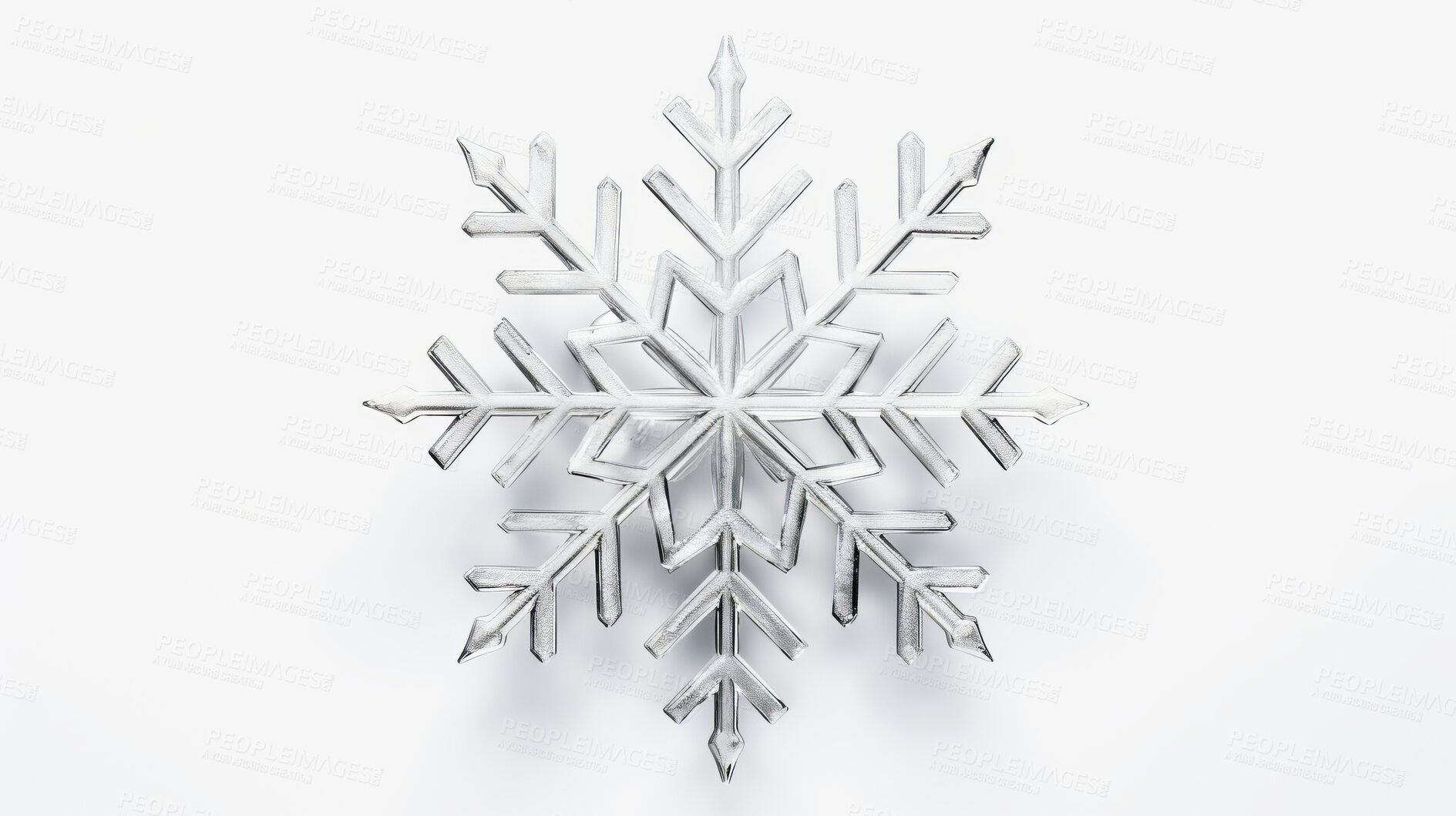 Buy stock photo Christmas, celebration or silver snowflake decor illustration on white background for holiday party, decoration or invitation. Beautiful, creative and festive mockup for poster art or design element