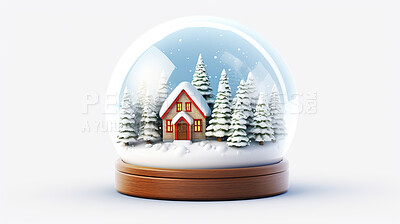 Buy stock photo Christmas, celebration or glass snow globe illustration on a white background for holiday party, decoration or invitation. Beautiful, creative and festive snowball mockup for poster art or design element