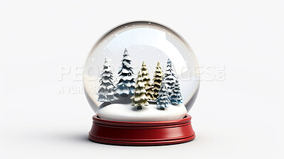 Buy stock photo Christmas, celebration or glass snow globe illustration on a white background for holiday party, decoration or invitation. Beautiful, creative and festive snowball mockup for poster art or design element