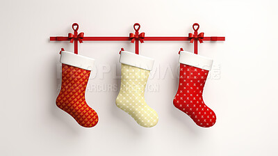 Buy stock photo Christmas, celebration or stockings decor illustration on a white background for holiday party, decoration or invitation. Beautiful, creative and festive mockup for poster art or design element