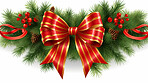 Christmas, celebration and garland decor border on a white background for holiday party, decoration and invitation. Beautiful, creative and festive mockup for poster art, design element and xmas bow