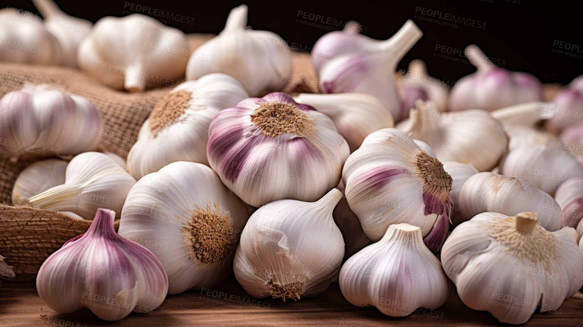 Buy stock photo Healthy, natural and garlic root background in studio for farming, organic produce and lifestyle. Fresh, summer food and health meal closeup for eco farm market, fibre diet and vegetable agriculture