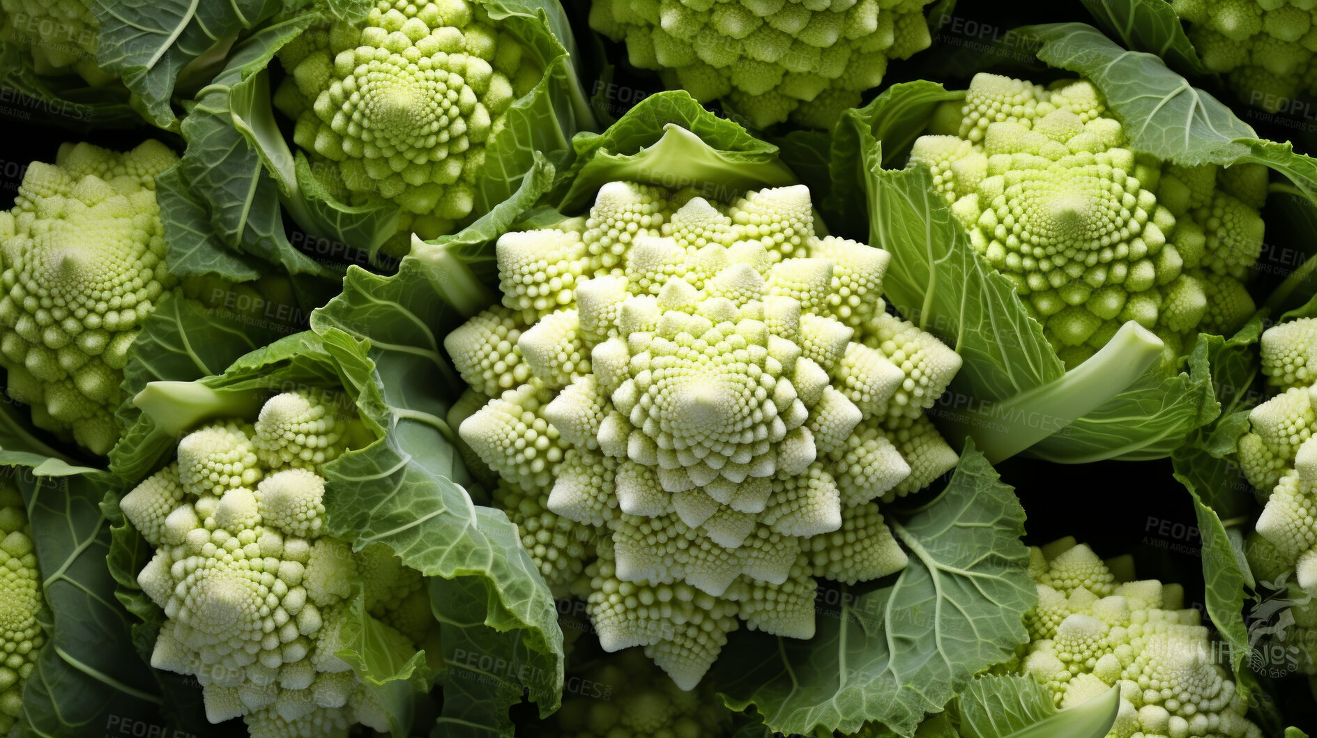 Buy stock photo Healthy, natural and romanesco broccoli background in studio for farming, organic produce and lifestyle. Fresh, summer food and health meal closeup for eco farm market, fibre diet and agriculture