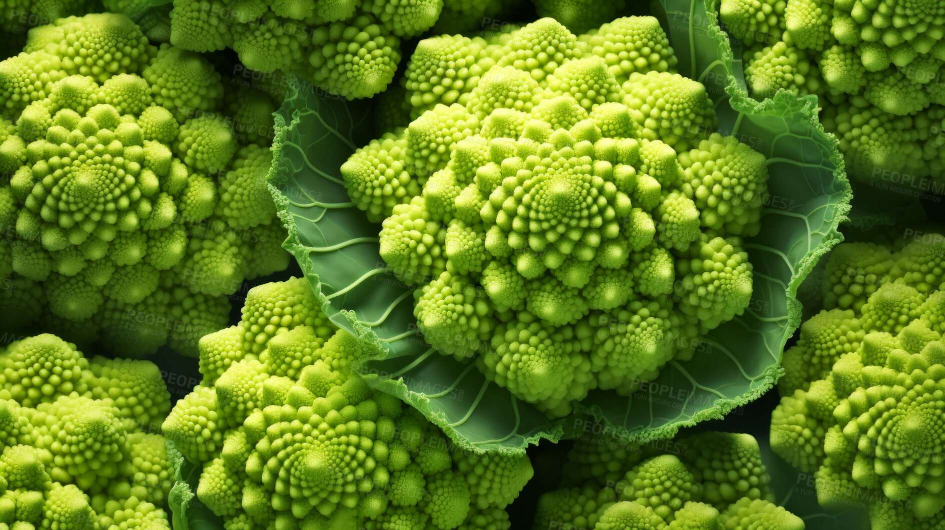 Buy stock photo Healthy, natural and romanesco broccoli background in studio for farming, organic produce and lifestyle. Fresh, summer food and health meal closeup for eco farm market, fibre diet and agriculture