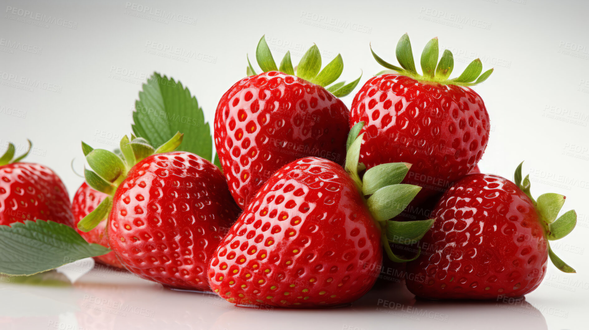 Buy stock photo Fruit, strawberry and healthy food in studio for vegan diet, snack and vitamins. Mockup, white background and flatlay of organic, fresh and natural agriculture  produce for vegetarian nutrition.