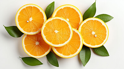 Buy stock photo Fruit, orange and healthy food in studio for vegan diet, snack and vitamins. Mockup, white background and flatlay of organic, fresh and natural agriculture  produce for vegetarian nutrition.