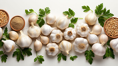 Buy stock photo Vegetable, garlic and healthy food in studio for vegan diet, meal and green salad. Mockup, lifestyle and organic with fresh, natural and agriculture for produce, vitamins and nutrition supply.