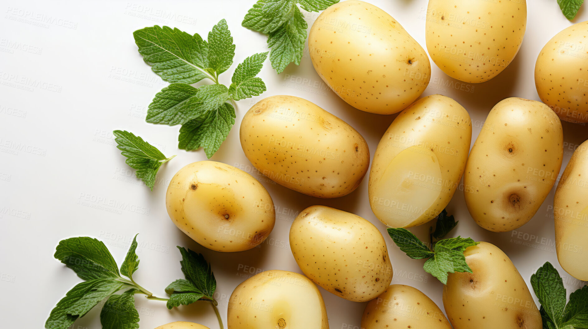 Buy stock photo Vegetables, potato and healthy food in studio for vegan diet, meal and green salad. Mockup, lifestyle and organic with fresh, natural and agriculture for produce, vitamins and vegetarian dinner.