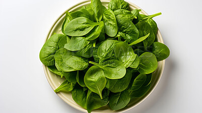 Vegetables, spinach and healthy food on a white background in the kitchen for vegan meal. Salad, mockup and diet with fresh, organic and natural produce for nutrition, vitamins and vegetarian dinner