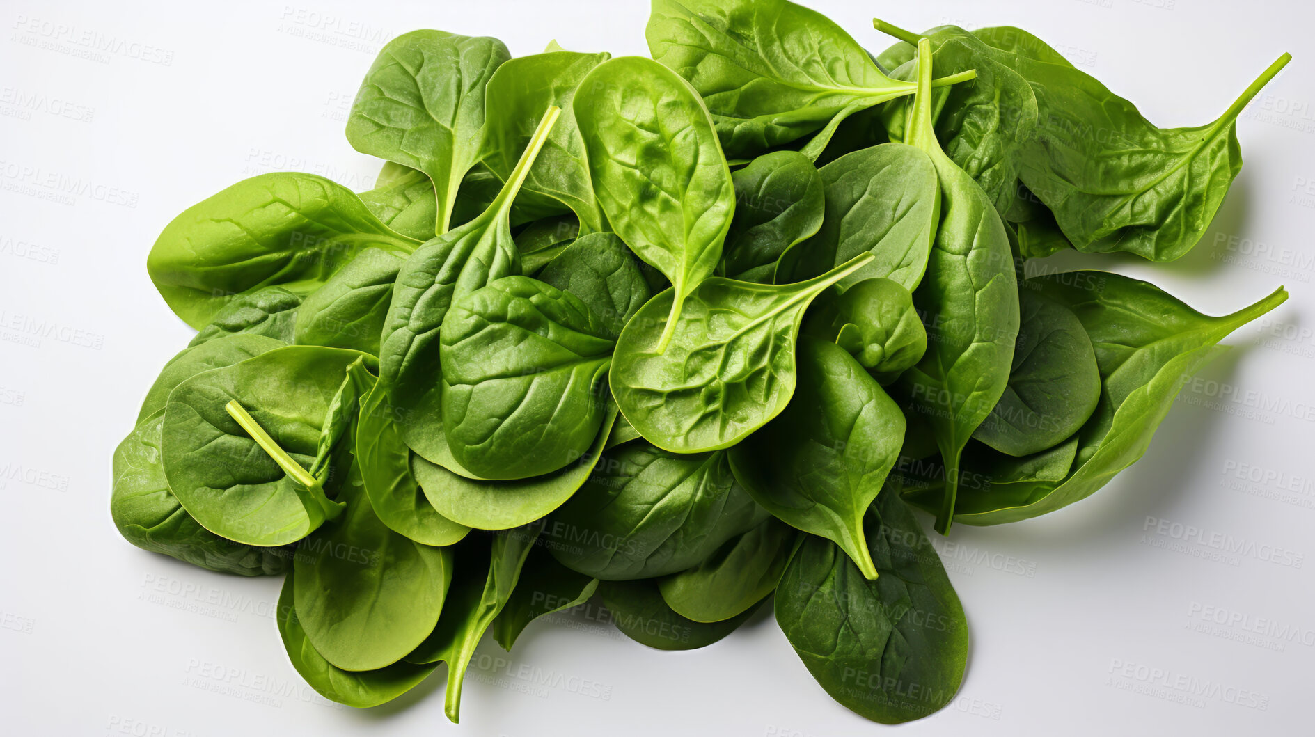 Buy stock photo Vegetables, spinach and healthy food on a white background in the kitchen for vegan meal. Salad, mockup and diet with fresh, organic and natural produce for nutrition, vitamins and vegetarian dinner