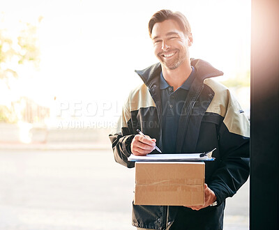 Buy stock photo Delivery man, box and portrait with a package and pen for signature on paper at front door. Logistics worker with courier company parcel in cardboard for e commerce shipping or mail distribution
