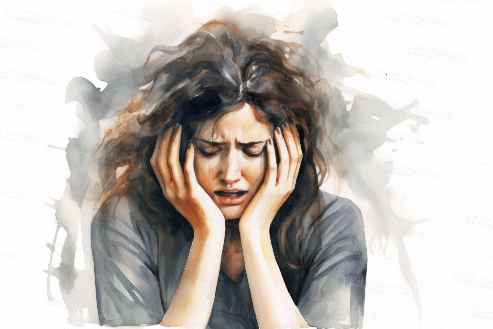 Buy stock photo Woman, mental health and watercolour illustration painting on a white background for healthcare, awareness and psychotherapy. Emotion, alone and colourful sketch for creative poster art design