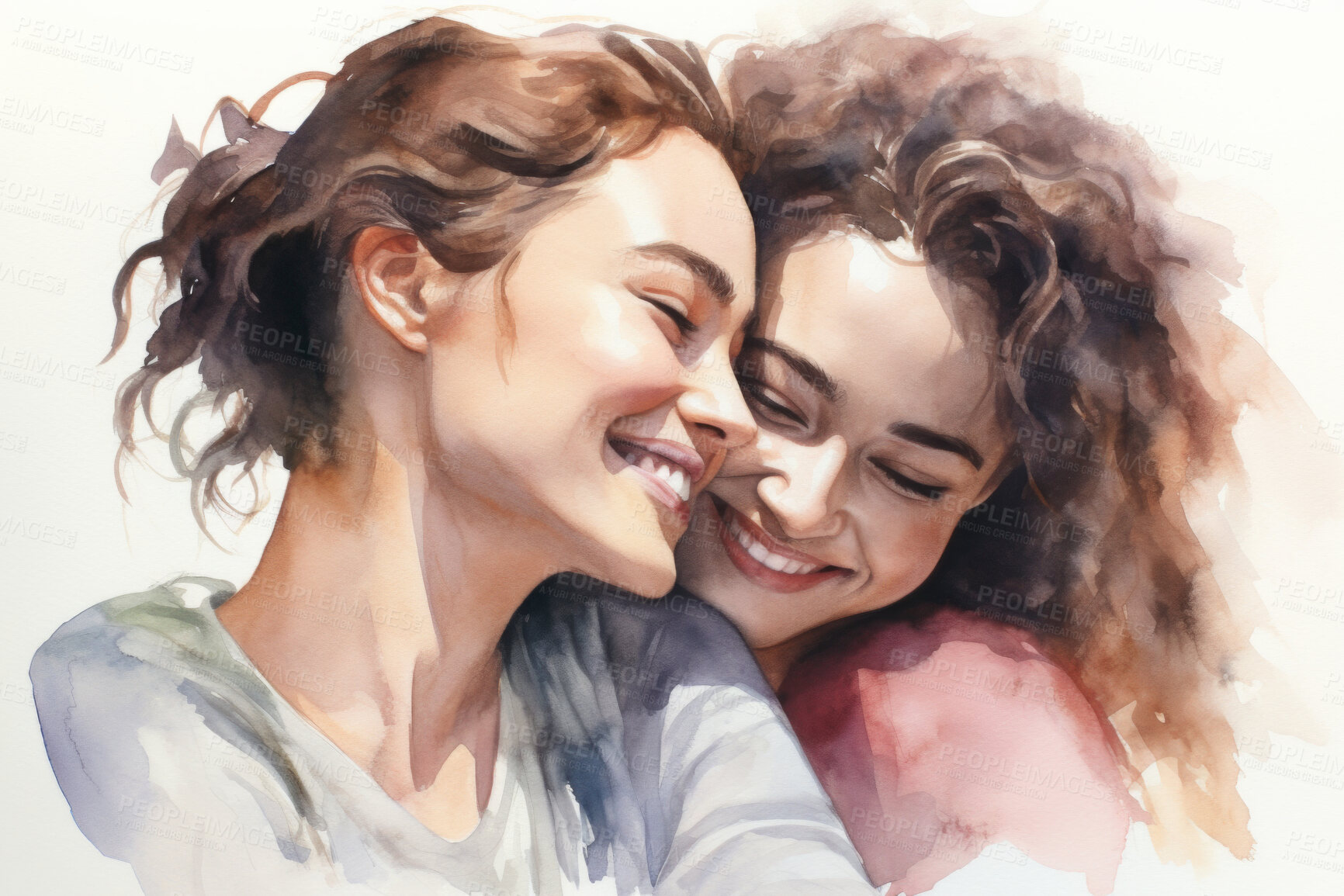 Buy stock photo Young, lesbian couple or watercolour illustration on a white background for LGBTQ love, awareness and support hug. Happy, women or colourful sketch for creative gift, card and design artwork