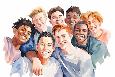 Buy stock photo Group, diverse men and watercolour portrait illustration on a white background for human rights protest, awareness and activist. Happy, beautiful and colourful sketch for creative poster art design