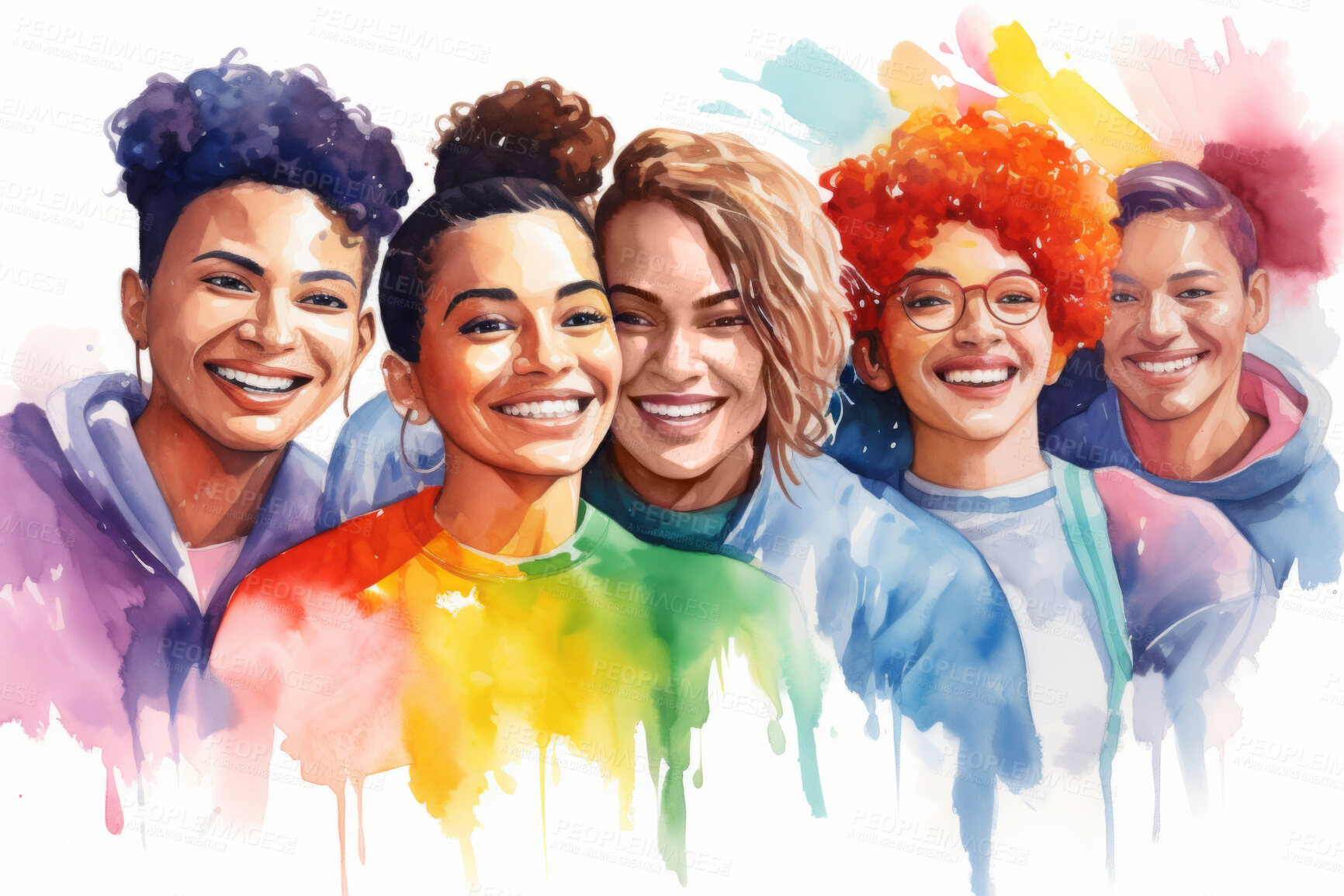 Buy stock photo Group, diverse students and watercolour portrait illustration on a white background for human rights protest, awareness and LGBTQ. Happy, beautiful and colourful sketch for creative poster design