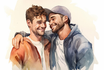 Young, gay couple and watercolour illustration painting on a white background for LGBTQ love, awareness and support hug. Happy, men and colourful sketch for creative gift, card and design artwork