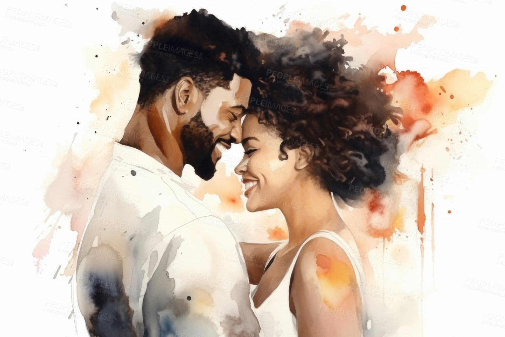 Buy stock photo Young, couple and watercolour portrait illustration on a white background for drawing, happiness and contentment. Happy, beautiful and colourful sketch for valentine's gift and card design artwork