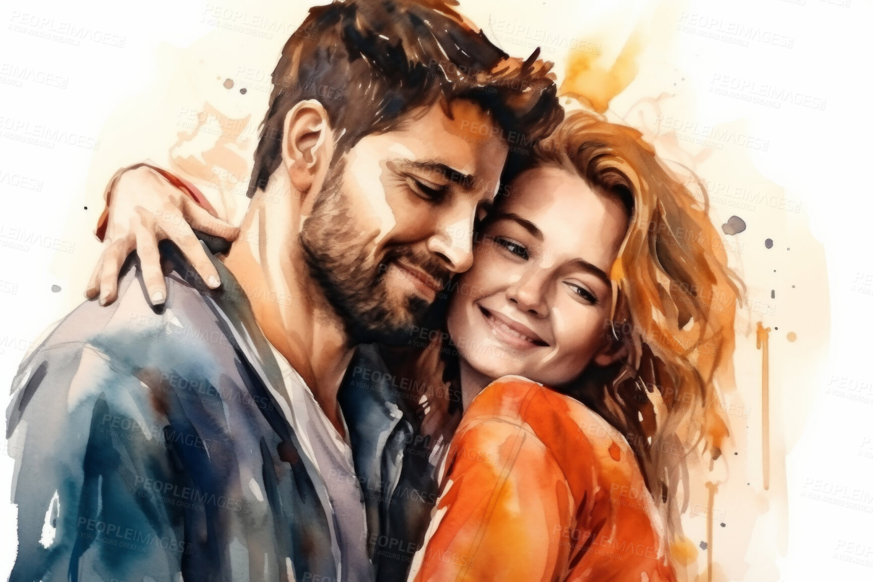 Buy stock photo Young, couple and watercolour portrait illustration on a white background for drawing, happiness and contentment. Happy, beautiful and colourful sketch for valentine's gift and card design artwork