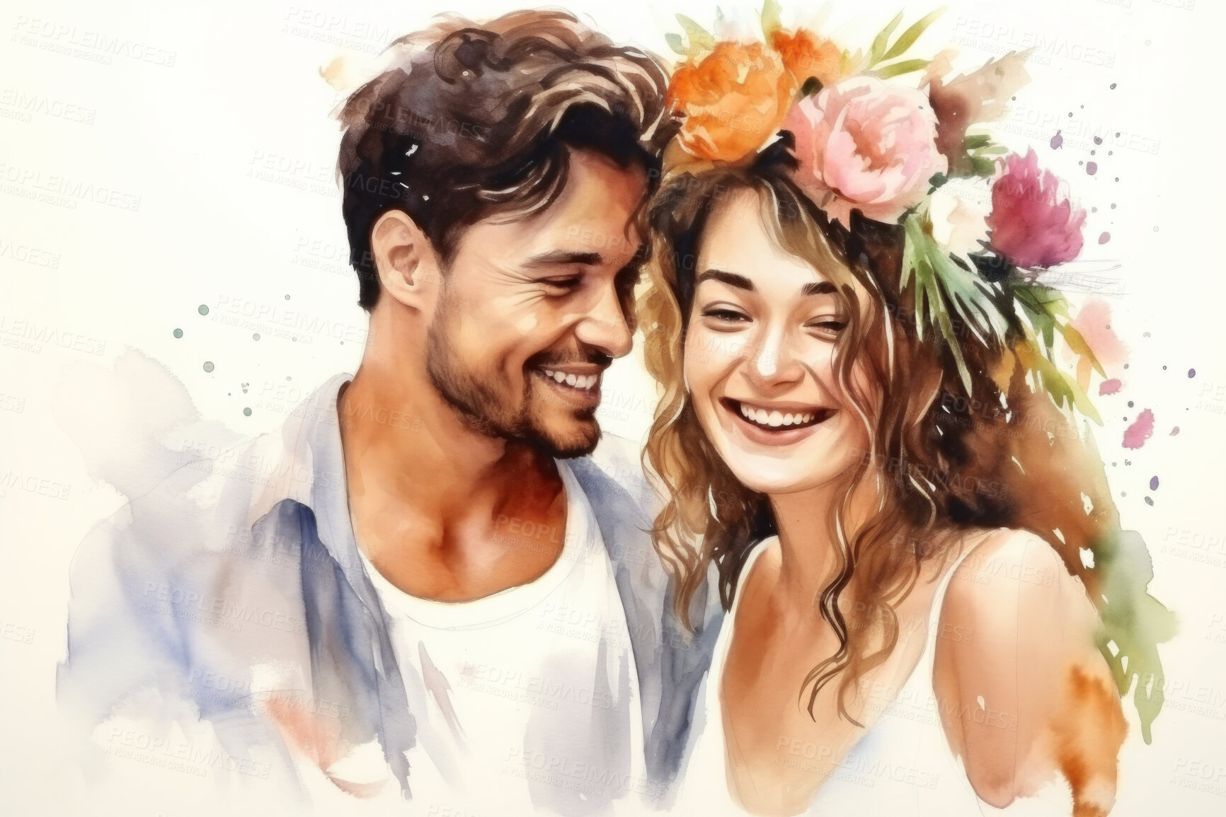 Buy stock photo Young, couple and watercolour portrait illustration on a white background for drawing, happiness and contentment. Happy, beautiful and colourful sketch for valentine's gift and card design artwork