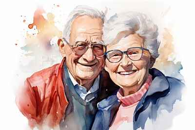 Senior, couple and watercolour portrait illustration on a white background for drawing, love and bonding. Happy, colourful and sketch for elderly man, woman and creative gift and card design artwork
