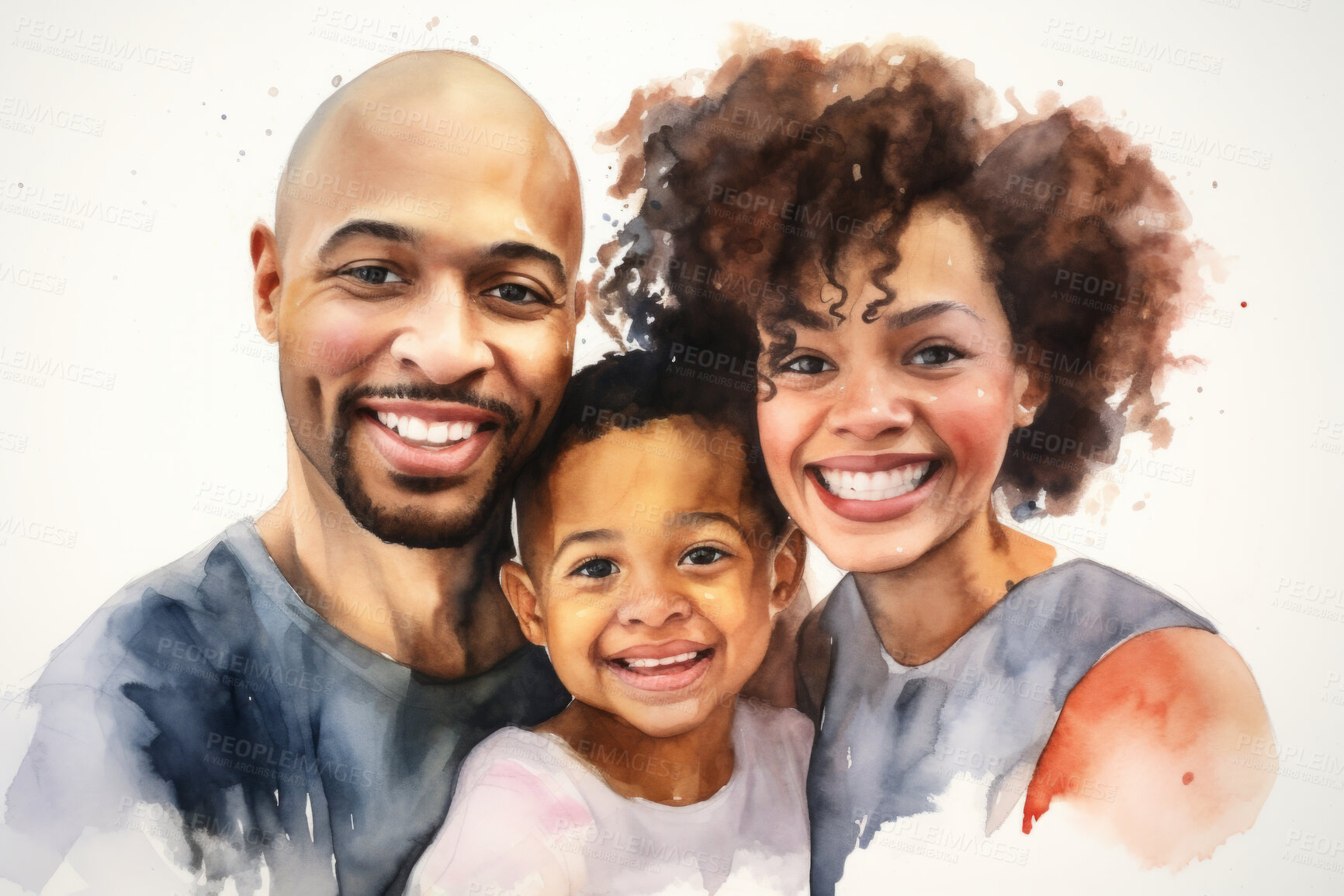 Buy stock photo Family, toddler and watercolour portrait illustration on a white background for drawing, love and bonding. Happy, artwork and colourful sketch of mom, dad and children in creative gift card design