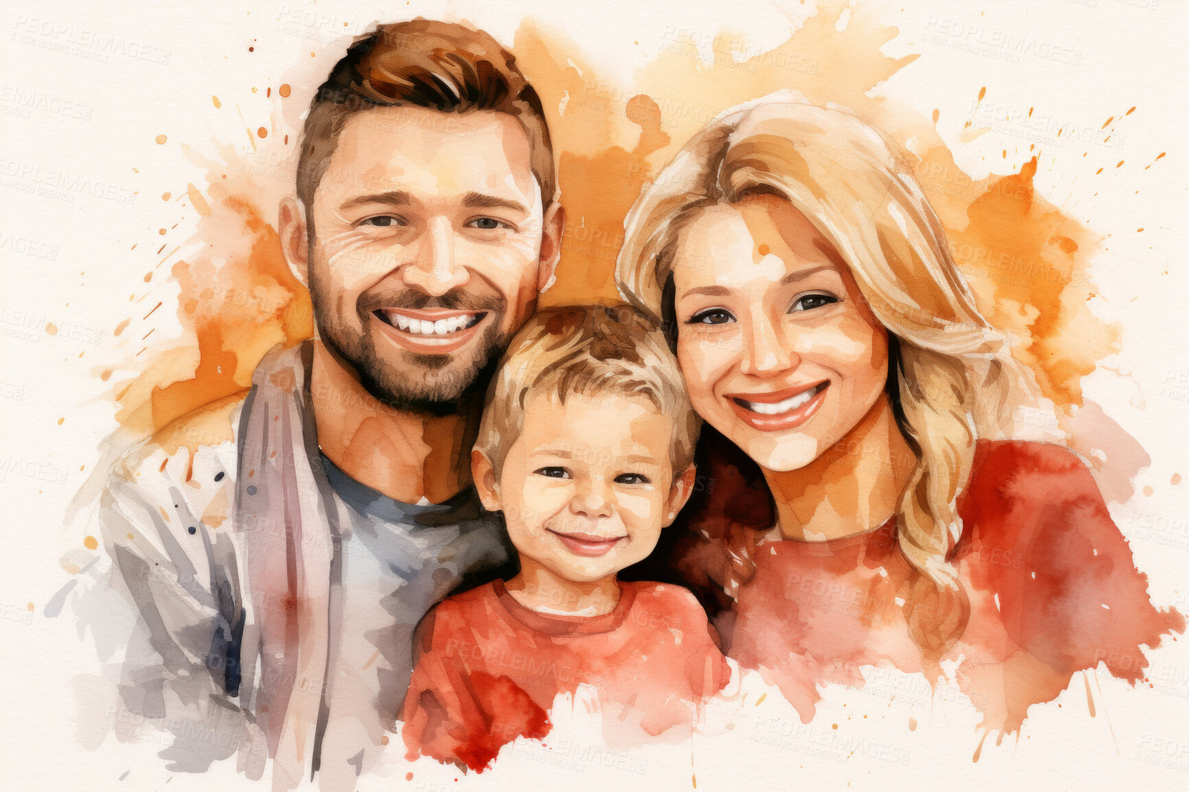 Buy stock photo Family, toddler and watercolour portrait illustration on a white background for drawing, love and bonding. Happy, artwork and colourful sketch of mom, dad and children in creative gift card design