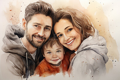 Family, toddler and watercolour portrait illustration on a white background for drawing, love and bonding. Happy, artwork and colourful sketch of mom, dad and children in creative gift card design