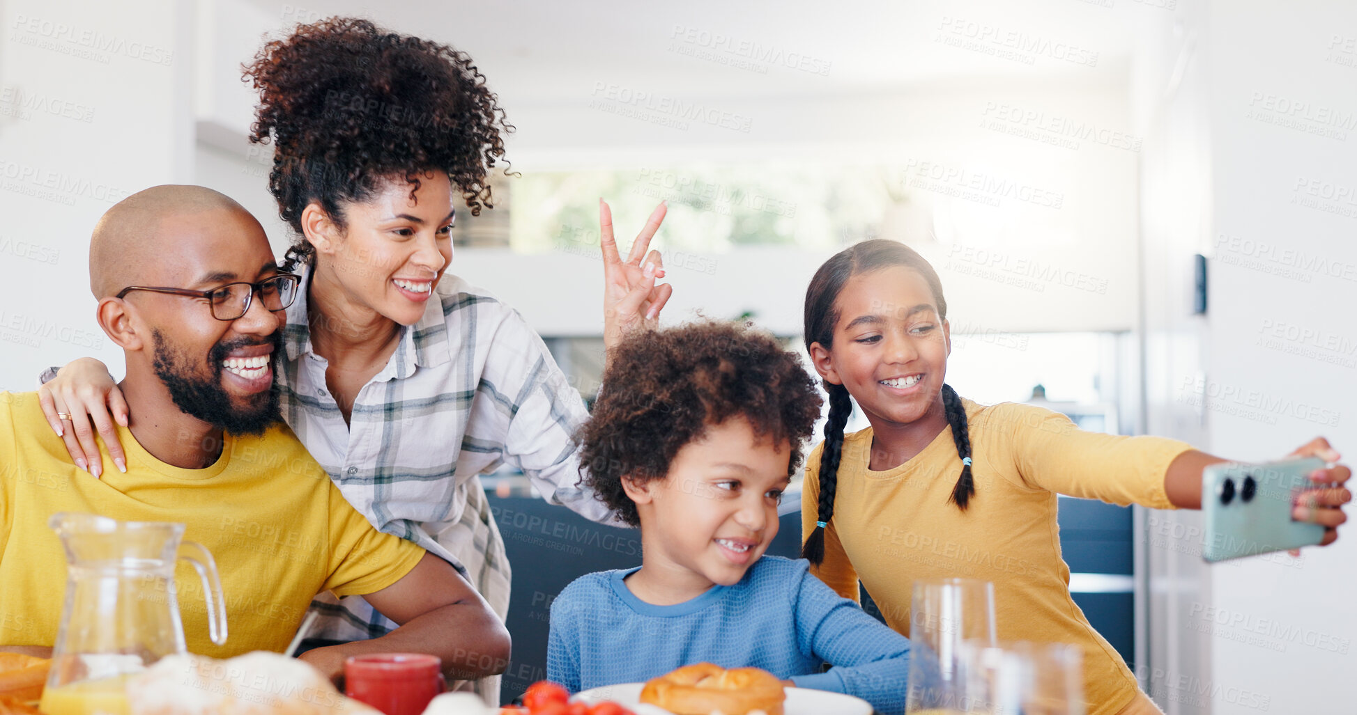 Buy stock photo Selfie, peace sign and a black family eating breakfast in their home kitchen together for health, diet or nutrition. Food, photo or memory with a mother, father and children together in an apartment