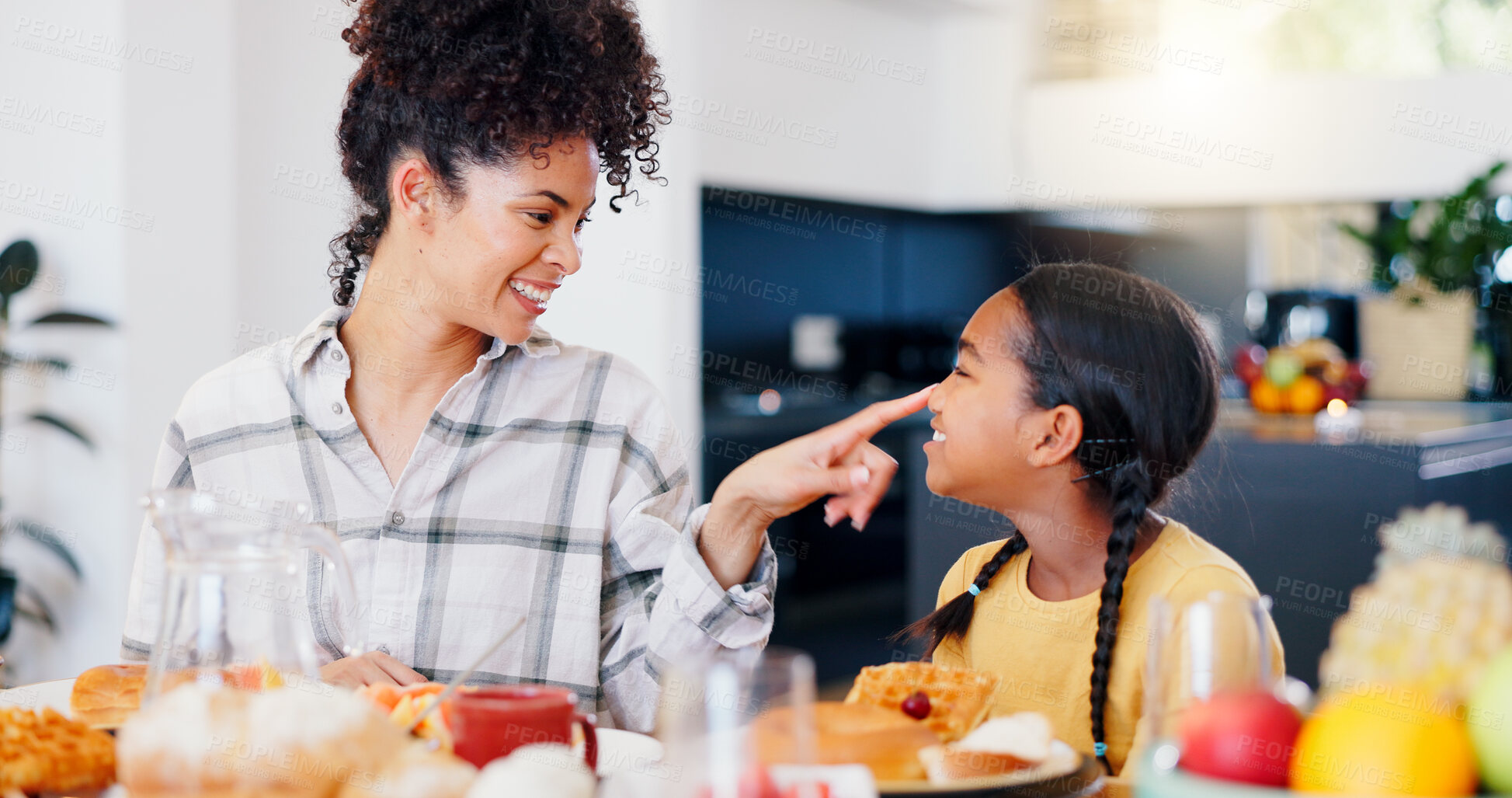 Buy stock photo Smile, breakfast and mother eating with child in dining room at modern home together for bonding. Happy, love and young mom enjoying healthy morning food and juice with girl kid at family house.