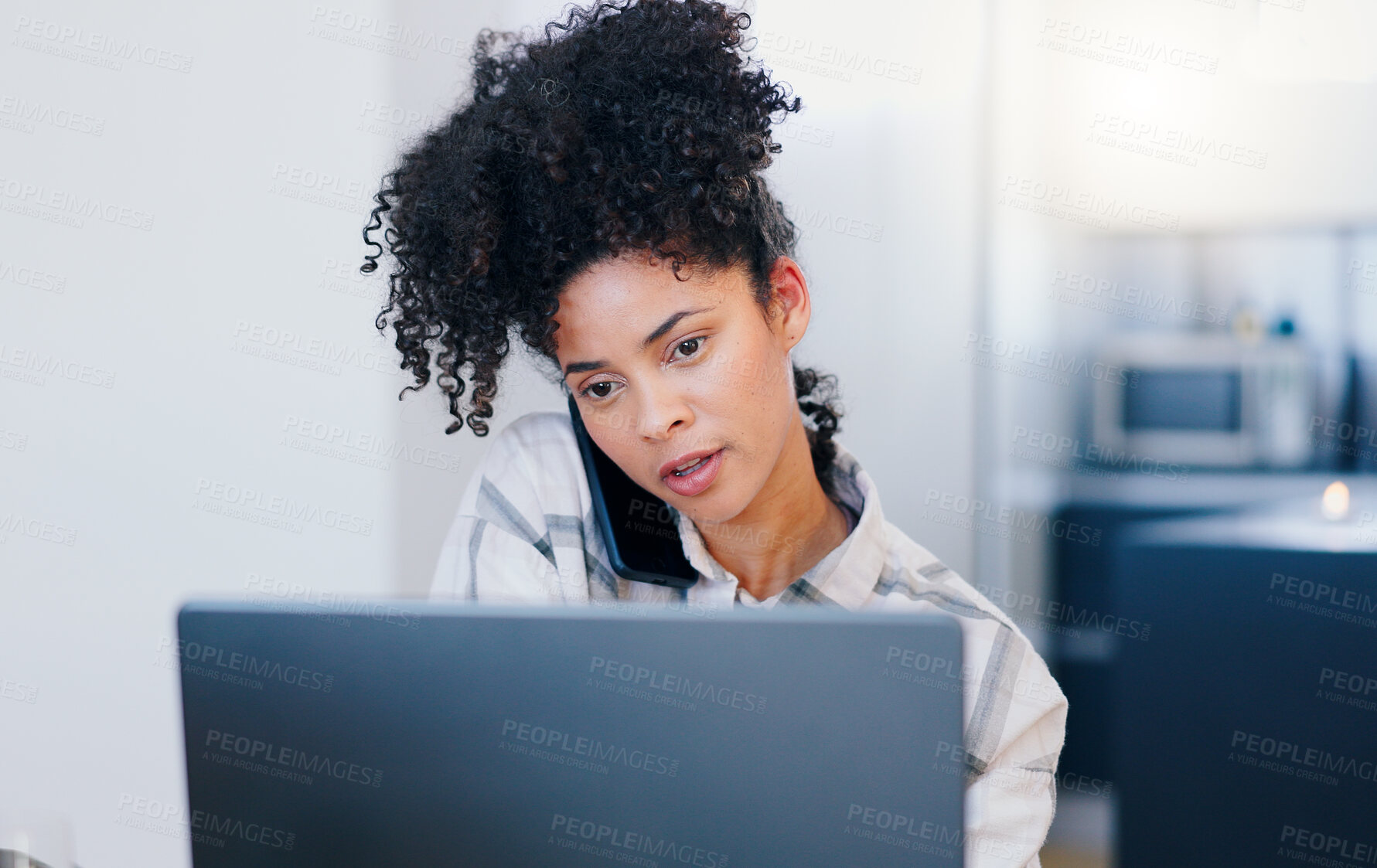 Buy stock photo Woman, laptop and phone call in home for remote work, planning information or feedback from contact. Freelancer, computer and communication on smartphone for social networking, research or connection