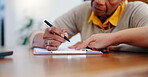 Senior woman, hands and writing on contract, form or application for retirement plan or insurance at home. Closeup of elderly female person signing documents, paperwork or agreement on table at house
